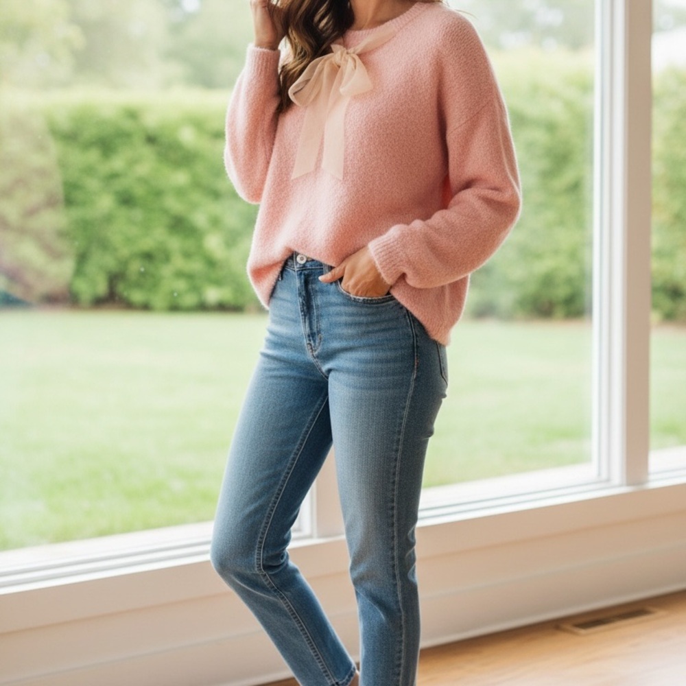 Saodimallsu Pink Knit Sweater with Front Bow Detail Bell Sleeves | Women’s Small